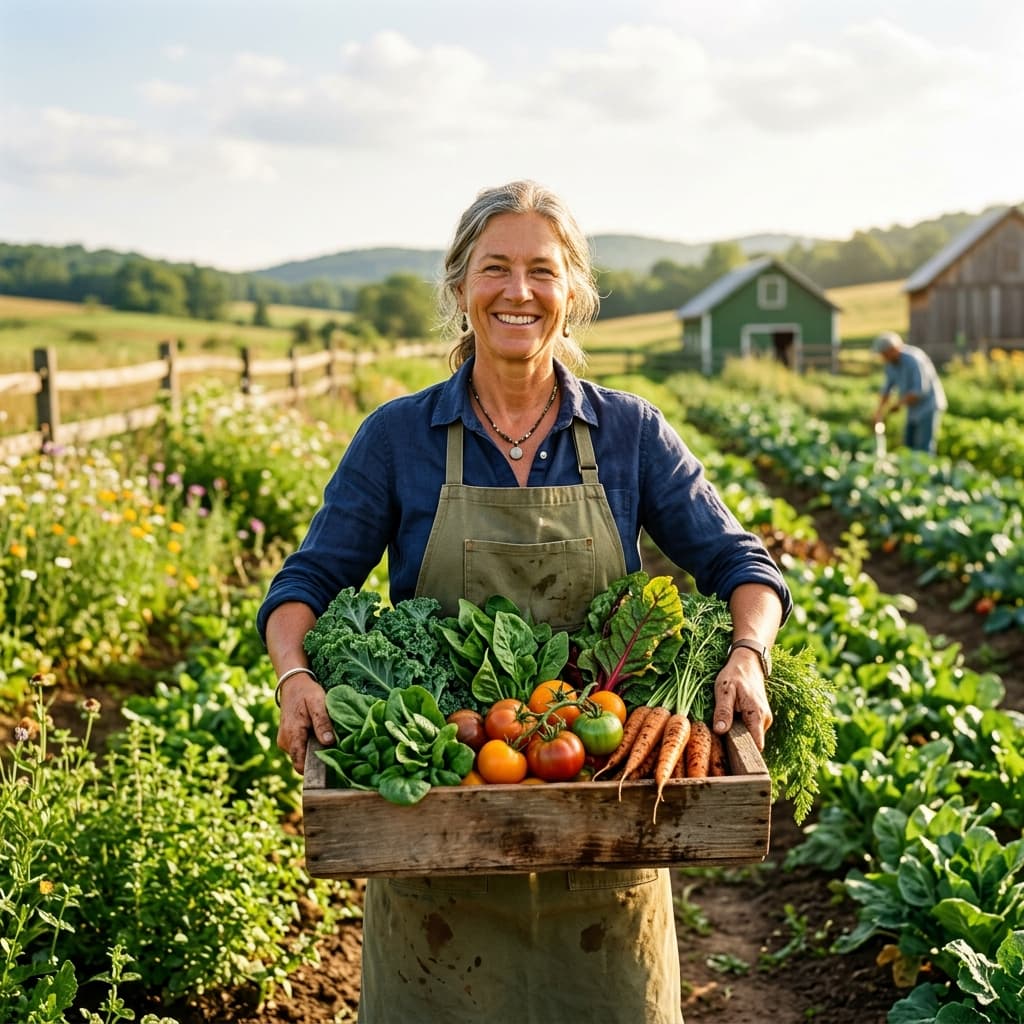 Organic farmer holding fresh vegetables